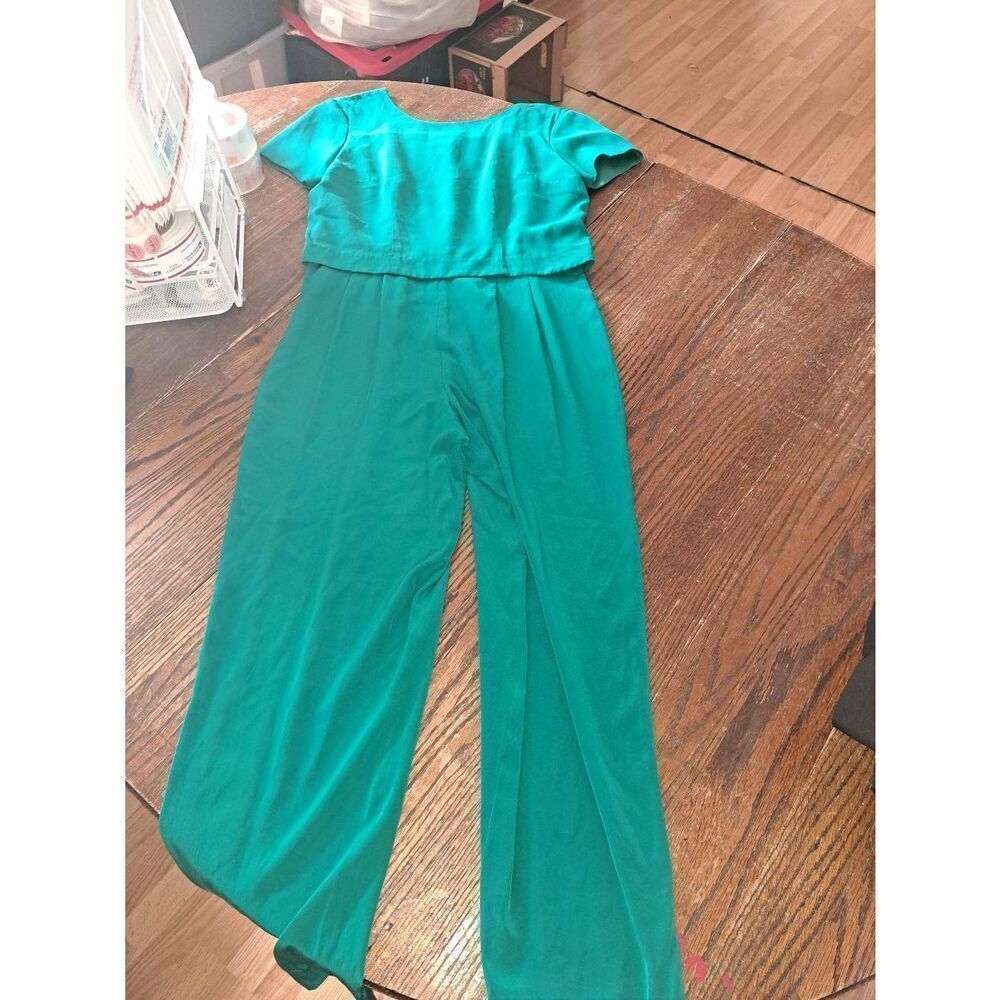 Size12 Robbie Bee Silk Green Short Sleeve Rear VCut Zip Jumpsuit One Piece Pants